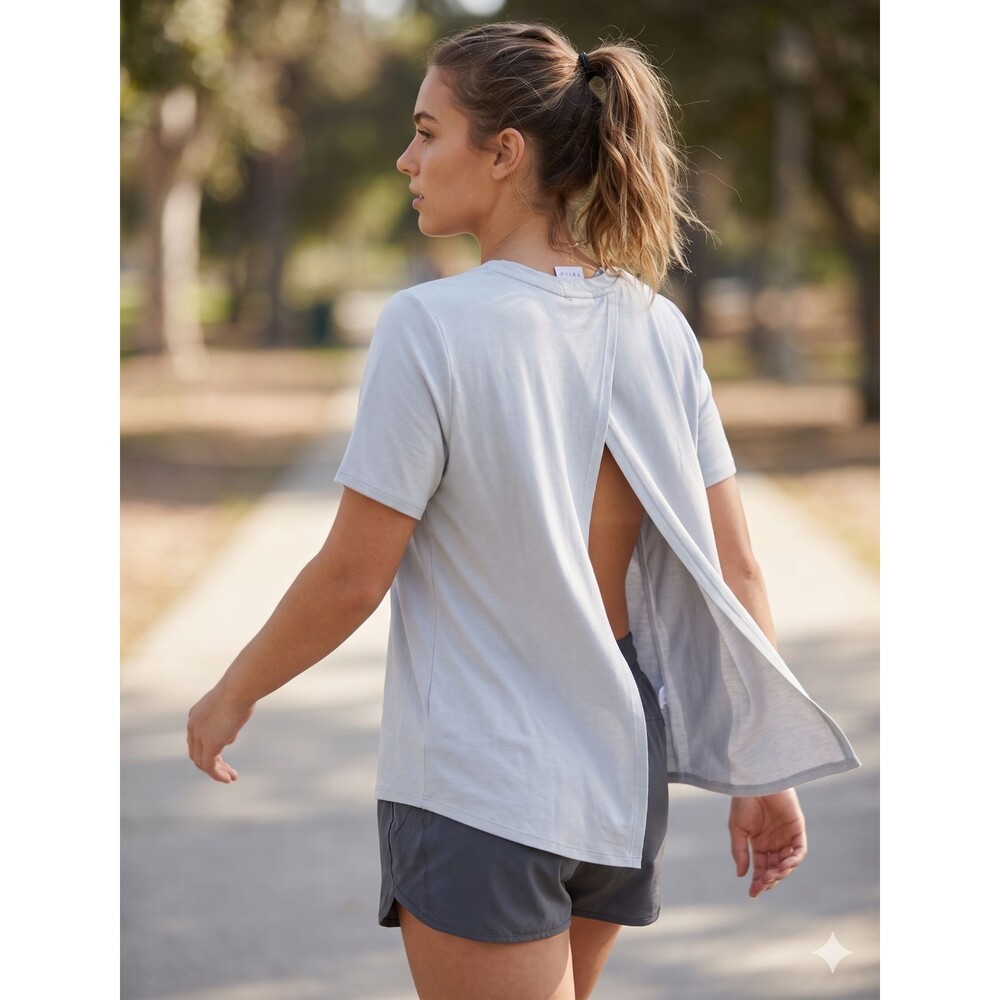 Fabletics Women's Large Grey Short Sleeve Top - Sheer Neckline Open Back Workout